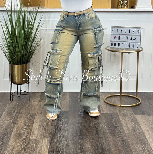 Main Character Acid Wash Cargo Jeans (Vintage Blue Wash)