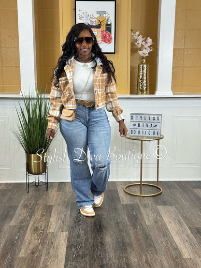 Maple Plaid Cropped Hoodie Jacket (Praline Brown/White)