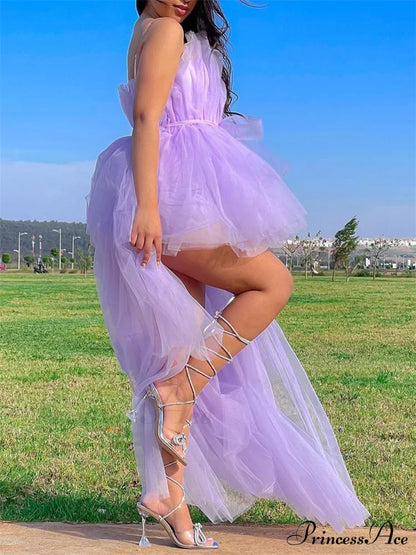 Mesh Sheer Elegant Women Formal Ball Gown  Strapless Off Shoulder High Waist Asymmetrical Hem Tulle