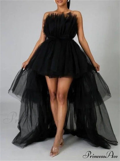 Mesh Sheer Elegant Women Formal Ball Gown  Strapless Off Shoulder High Waist Asymmetrical Hem Tulle