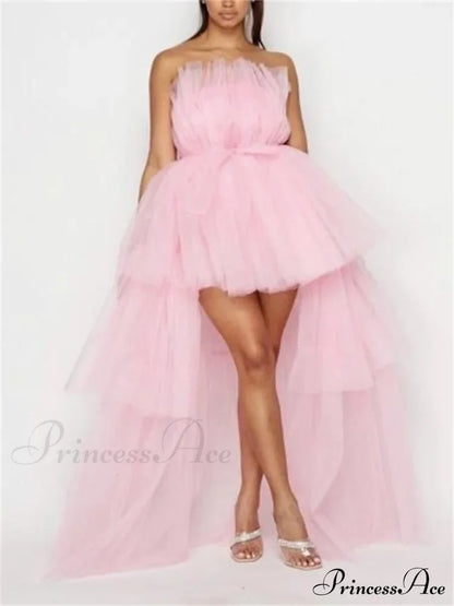 Mesh Sheer Elegant Women Formal Ball Gown  Strapless Off Shoulder High Waist Asymmetrical Hem Tulle