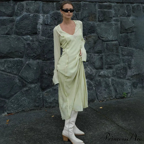 Mesh Transparent Flare Sleeve Cover-Ups Maxi Dress
