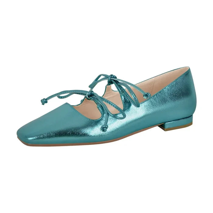 Metallic Mary Jane Double Bow Ballerina Flats