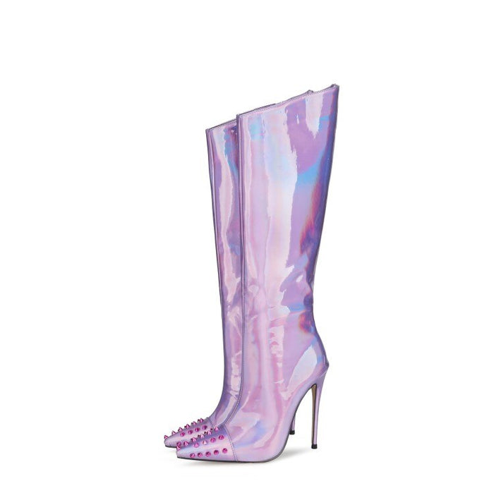 Metallic Shiny Studded Knee-High High Heel Boots