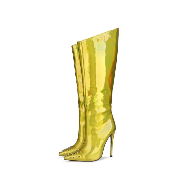 Metallic Shiny Studded Knee-High High Heel Boots