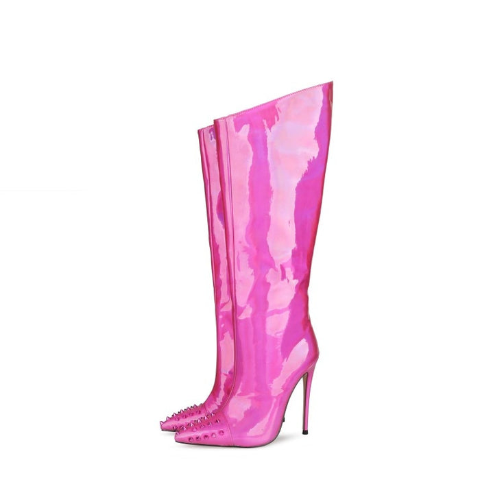 Metallic Shiny Studded Knee-High High Heel Boots
