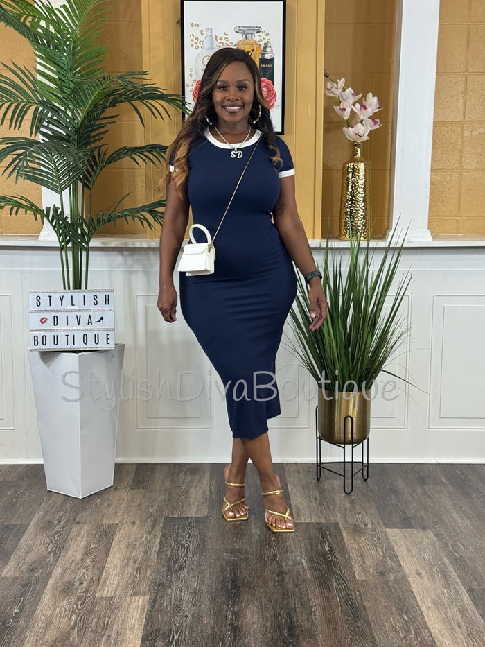 Navy League Midi Dress (Navy/White)