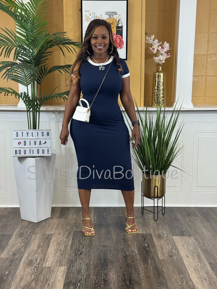 Navy League Midi Dress (Navy/White)