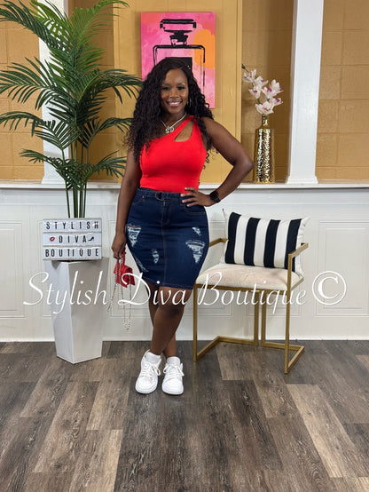 Nyla Distressed Denim Skirt (Dark Denim)