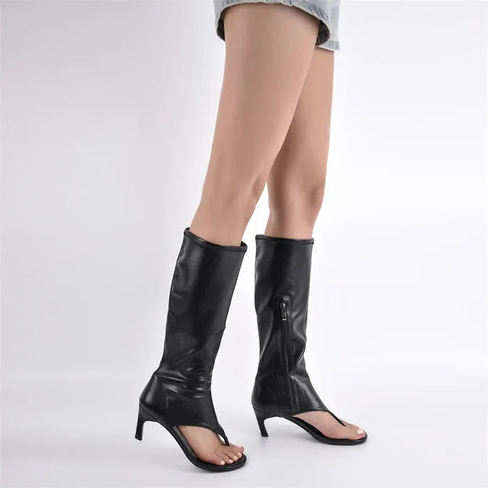 Open Toe Clip-On Zipper Knee High Sandals