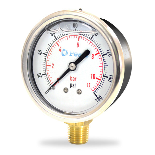 Pearl Pressure Gauge Liquid Filled, Steel casing, Lower Mount from 0 - 300 PSI