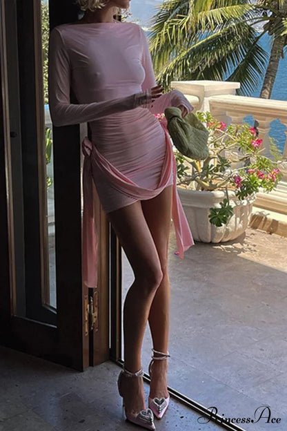 Pink Long Sleeve Floral Ribbon Dress with Ruched Detail
