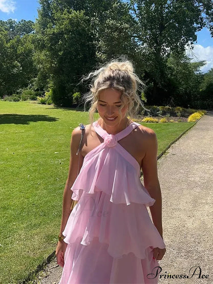 Pink Pleated Stylish Halter Maxi Dress