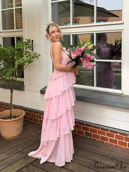 Pink Pleated Stylish Halter Maxi Dress