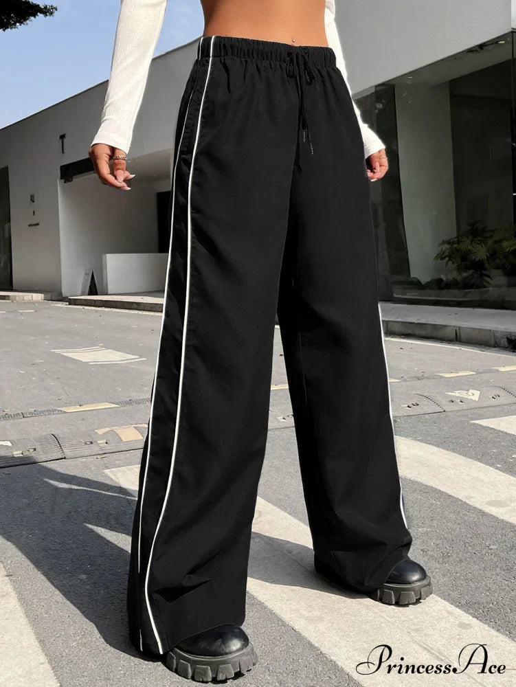 Piping Drawstring Waist Wide Leg Pants