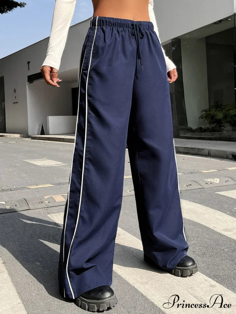 Piping Drawstring Waist Wide Leg Pants