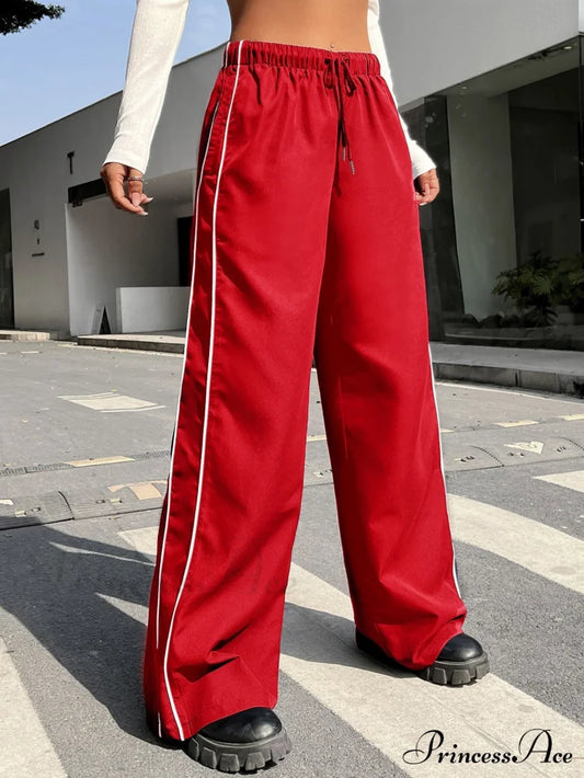 Piping Drawstring Waist Wide Leg Pants