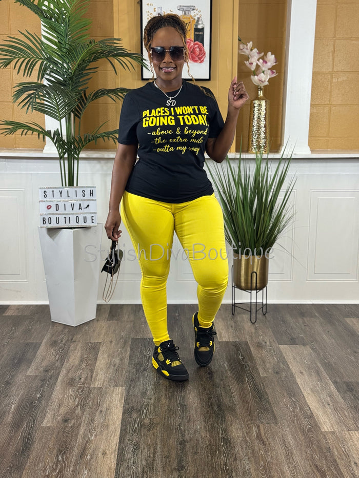 Places I Won't Be Going Graphic Tee (Black Shirt/Yellow Print)