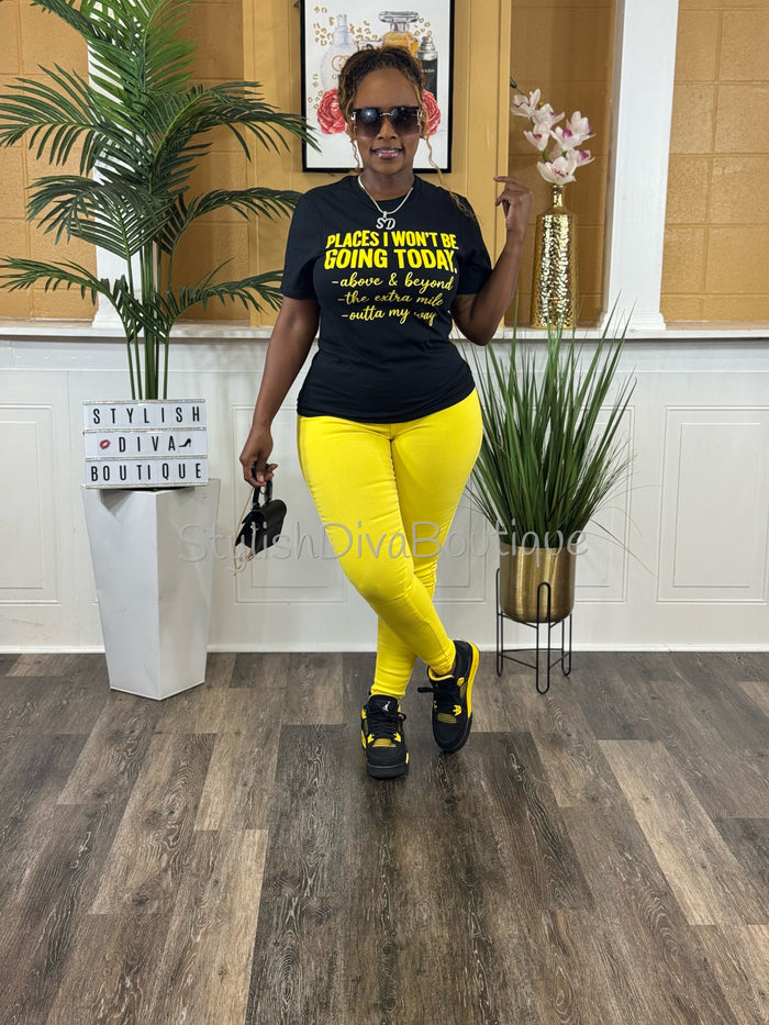 Places I Won't Be Going Graphic Tee (Black Shirt/Yellow Print)