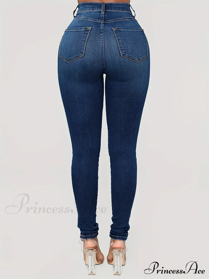 Plain High Waist Skinny High Rise Slim Fit Slash Pockets Casual Denim Jean
