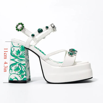 Platform Rhinestone "Majolica" Print High Heel Sandals Inspired Dolce&Gabbana