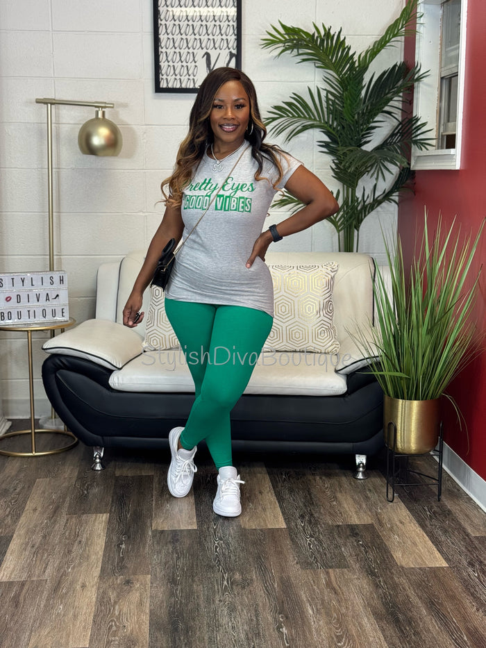 Pretty Eyes & Good Vibes Graphic Tee (Green Print)