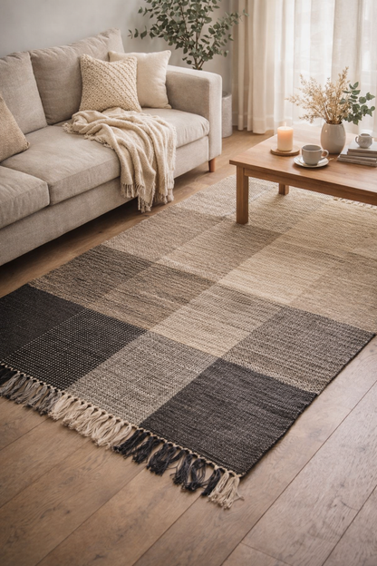REISA - Tapis rectangulaire en coton avec motifs marrons et écrus 120 x 180 cm
