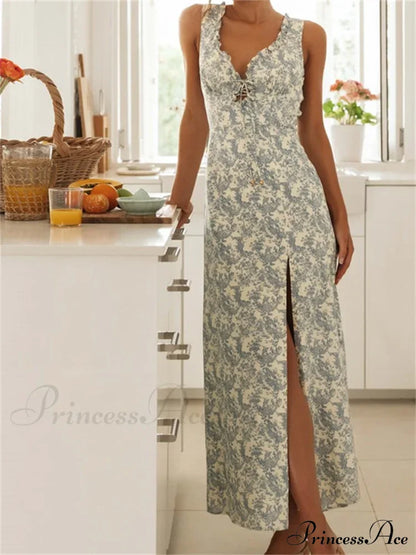 Retro Women Floral Print Sleeveless V Neck Front Lace-up High Split Spring Summer Backless Vestidos