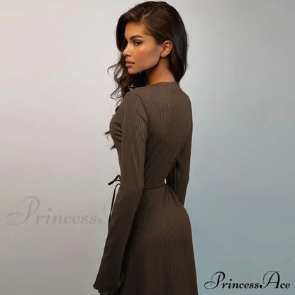 Ribbed Knitted Tie-detailed Fashionable Club-ready Birthday Autumnal Maxi Dress