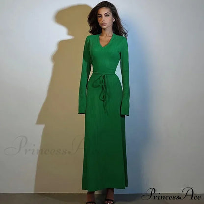 Ribbed Knitted Tie-detailed Fashionable Club-ready Birthday Autumnal Maxi Dress