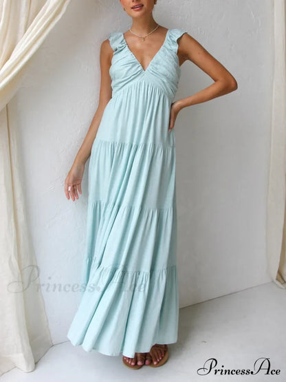 Ruffled Flying Sleeves Smocked Graceful Back Tiered Vacation Maxi Dress