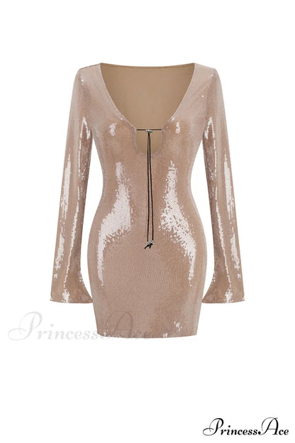Sequins V Neck Flares Sleeve Pack Hip Dress