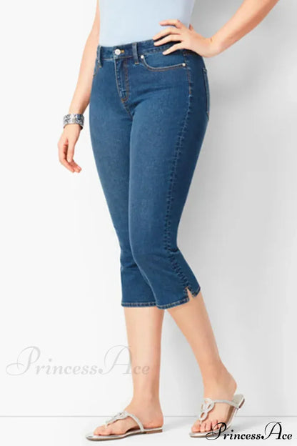 Skinny Knee Length Woman's Cropped Trousers Women Elastic High Waist Mom Oversize Blue Denim Pants Ladies Jean