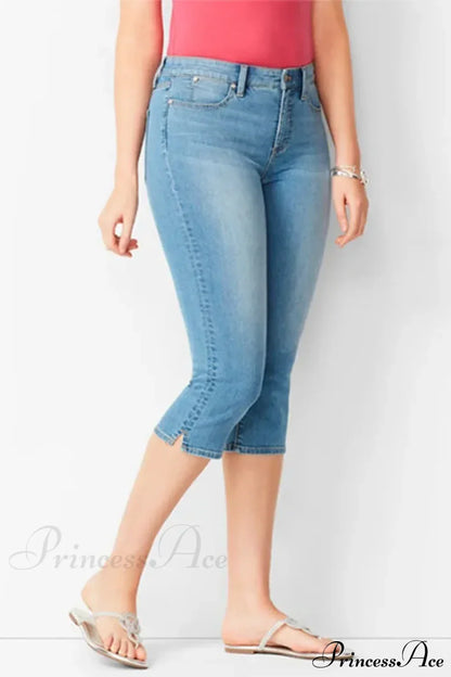 Skinny Knee Length Woman's Cropped Trousers Women Elastic High Waist Mom Oversize Blue Denim Pants Ladies Jean