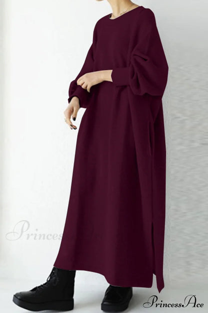Slit Sweatshirt Dress with Crew Neck