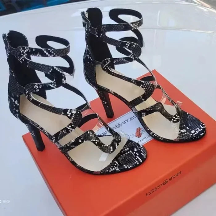 Snake Print Cut Out High Heel Stiletto Sandals