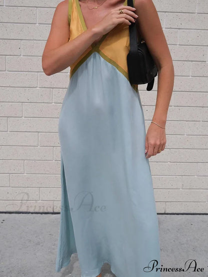 Splicing Chic V-neck Charming Contrasting Color Dress