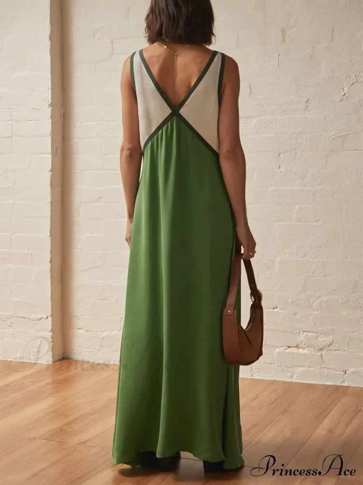 Splicing Chic V-neck Charming Contrasting Color Dress
