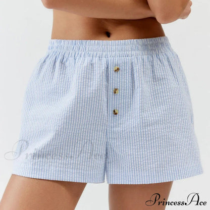 Stripe Print Pajama Boxer Elastic Waist Button Decor Straight Leg Sleeping Pants Short