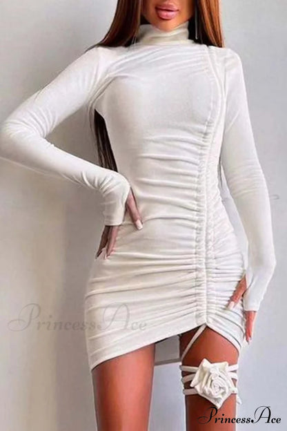 Suede Mock Neck Drawstring Floral Mini Dress