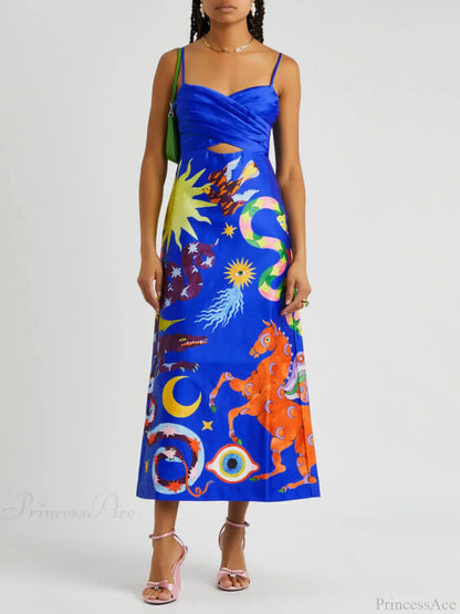 Summer Sexy Satin Backless Graceful Printed Sleeveless Midi Dress
