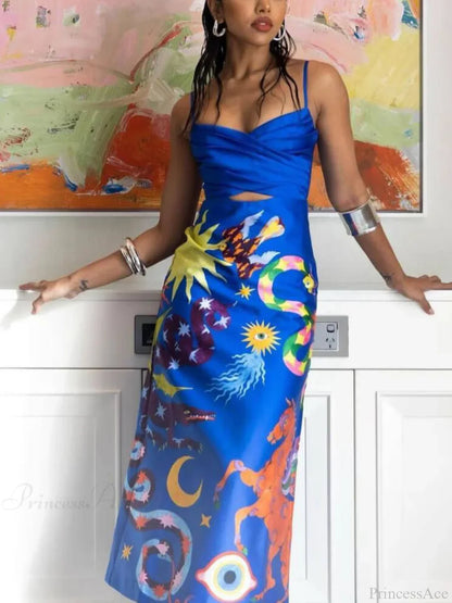 Summer Sexy Satin Backless Graceful Printed Sleeveless Midi Dress
