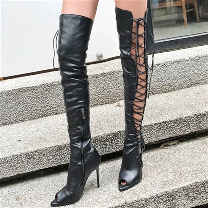 Thigh High Side Lace Up High Heel Boots