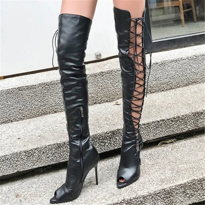 Thigh High Side Lace Up High Heel Boots