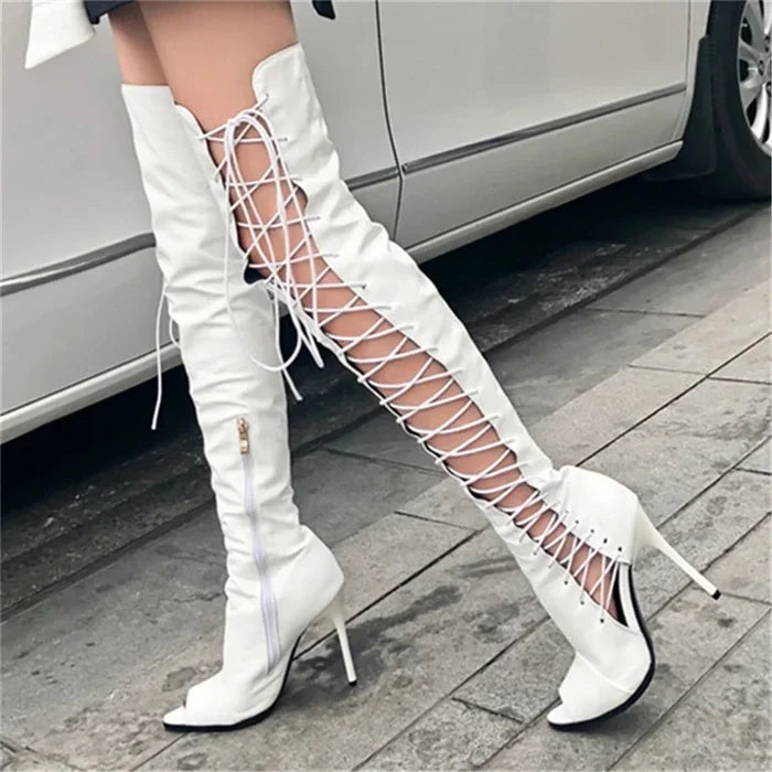 Thigh High Side Lace Up High Heel Boots