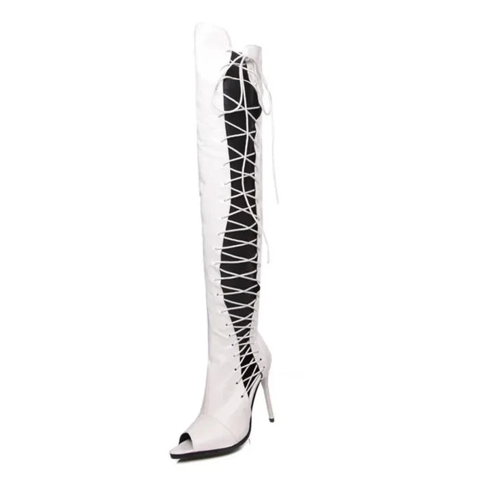 Thigh High Side Lace Up High Heel Boots