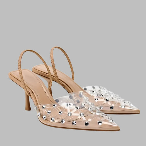 Transparent Diamond Kitten Heel Sling Back Pumps