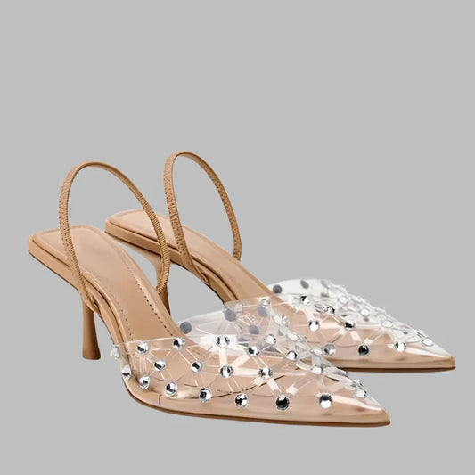 Transparent Diamond Kitten Heel Sling Back Pumps