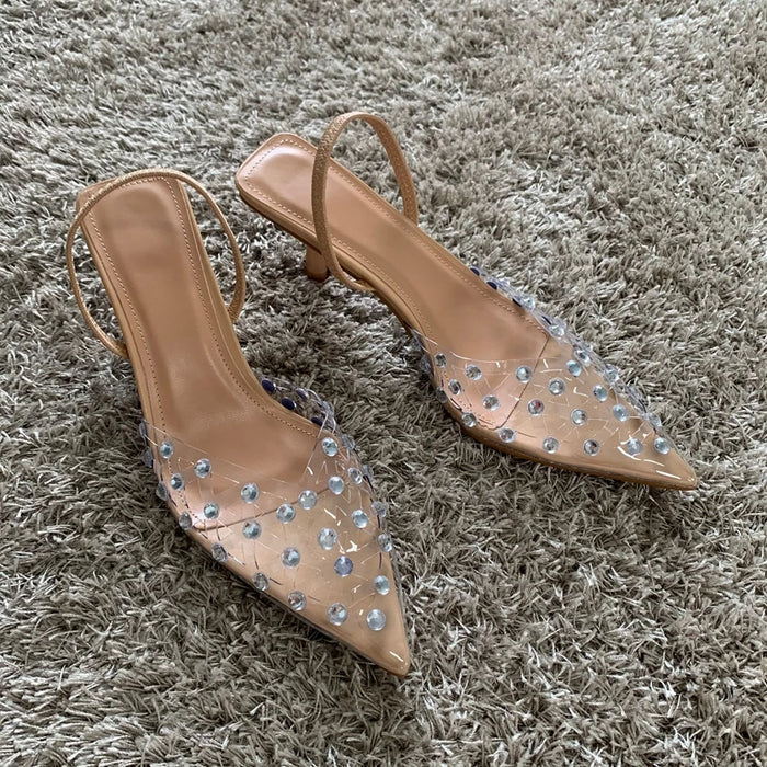 Transparent Diamond Kitten Heel Sling Back Pumps