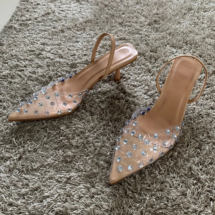 Transparent Diamond Kitten Heel Sling Back Pumps